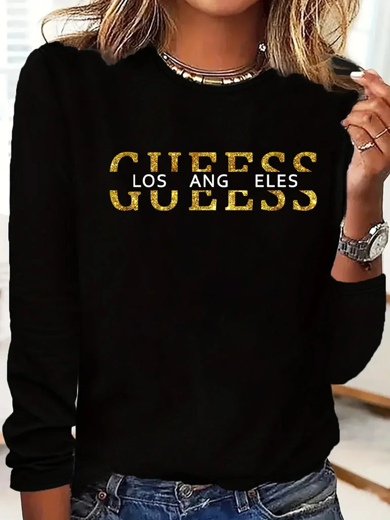 Womens Long Sleeve Cross Letter Print Warm Base Layer T-Shirt Casual Round Neck Top for Autumn and Winter