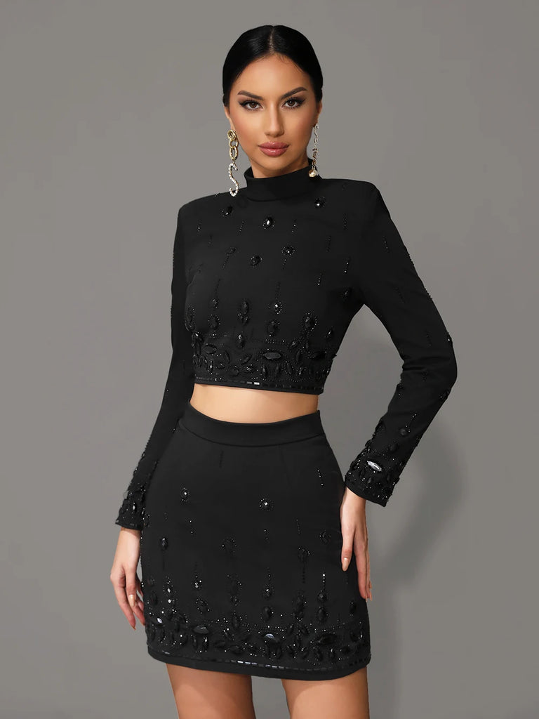 Heavy Beaded Nail Inlaid Diamond Long Sleeve Crop Top and Matching Short Skirt Set Women’s Elegant Two-Piece Bodycon Outfit