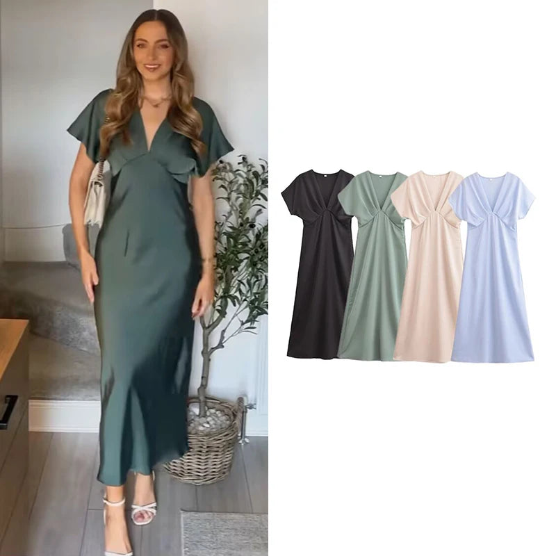 Elegant Summer Women's Dress with V-Neck Long Flowing Silhouette Comfortable Chic Fashionable Outfit for Young Women