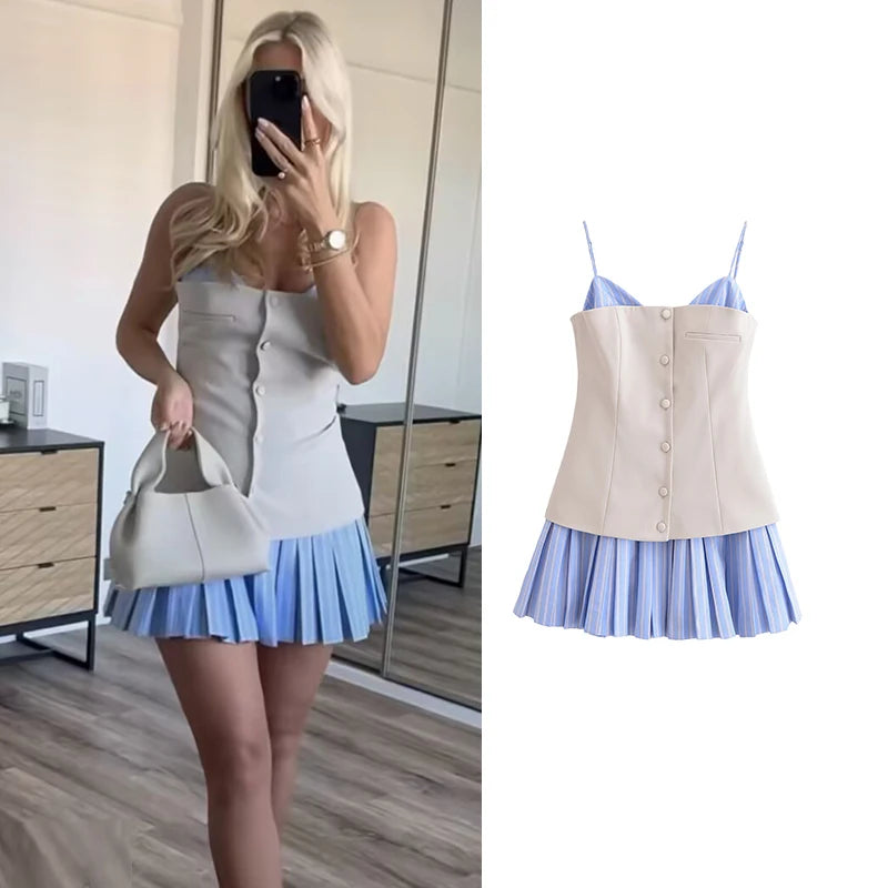 Chic Patchwork Tube Top Dress for Women Elegant Mini Summer Holiday Casual Street Fashion Youth Style - NIICY