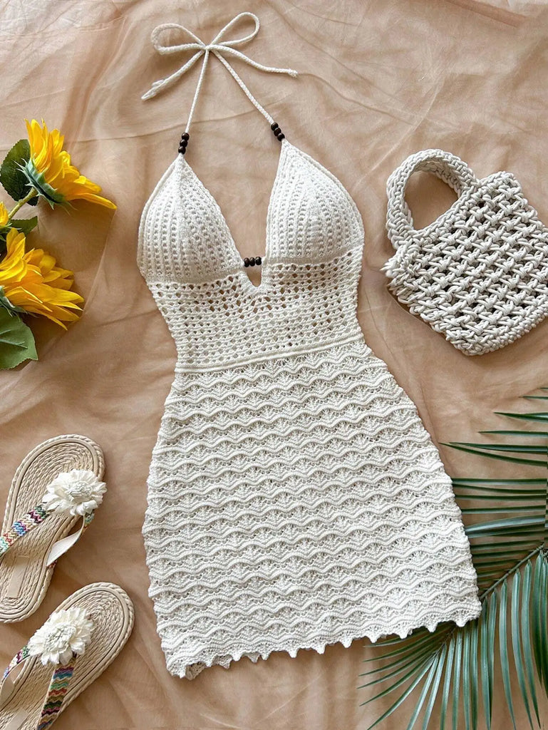 Summer V-Neck Hollow-Out Wooden Beads Fitted Dress with Spaghetti Straps and Ombre Knitted Design for Vacation Beachwear