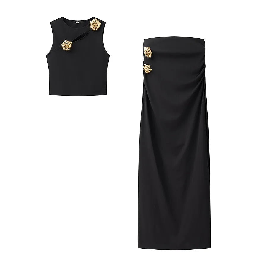 Women’s 3D Golden Rose Asymmetric Vest and Skirt Set with Hollow O-Neck Cropped Top and High Waist Hidden Zip Skirt Summer Chic Ensemble