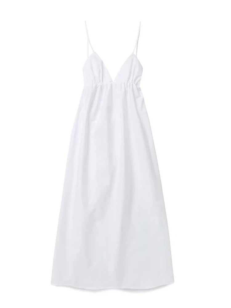 Women’s Backless Midi Dress with V Neck and Waistband High Waisted Loose Fit Camisole A-line Skirt Elegant Chic Dress - NIICY