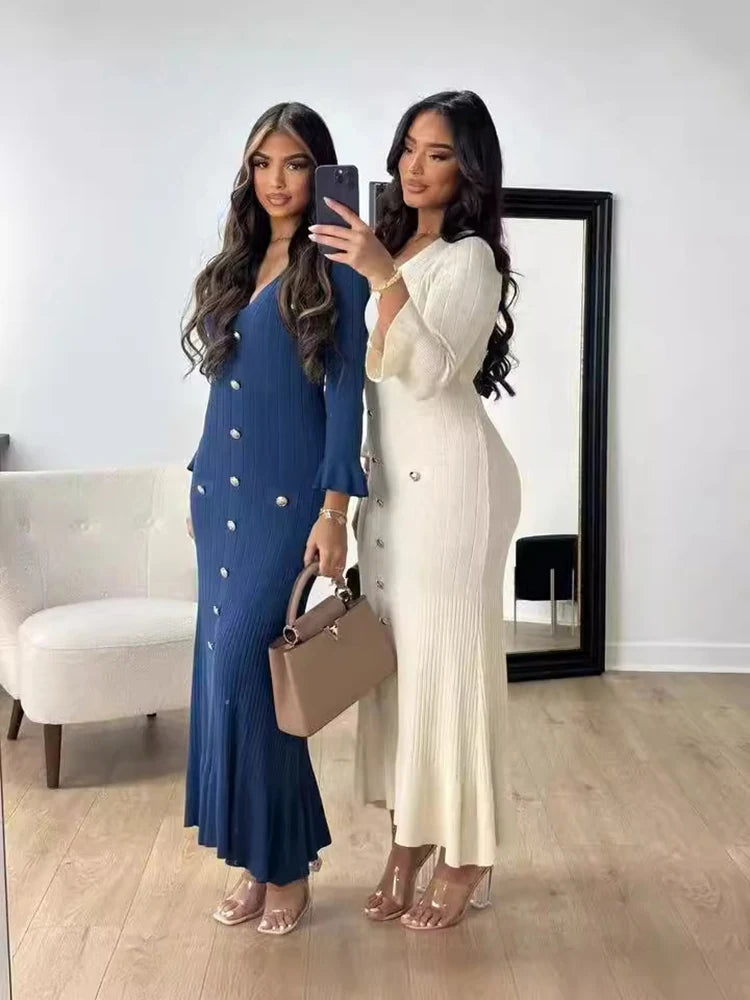 Elegant Knitted Long Dress for Women with Flare Sleeves V-Neck Ruffles and Single Breasted Bodycon Design for Party and Office Wear - NIICY