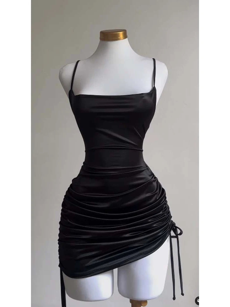Sexy Satin Lace Up Bodycon Mini Dress for Women Sleeveless Backless Club Party Evening Wear Black
