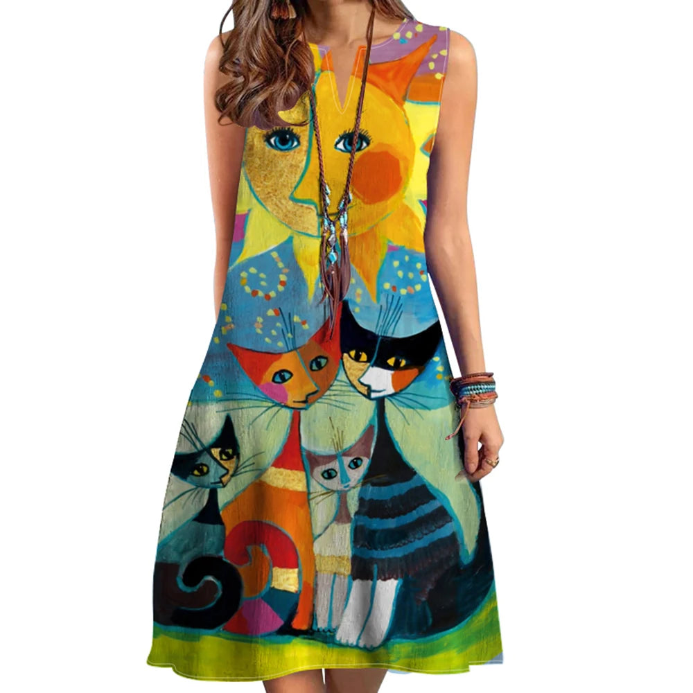 Elegant Bohemian V-Neck Sleeveless Printed Dress with Loose Waist and Large Hem for Casual or Formal Occasions - NIICY