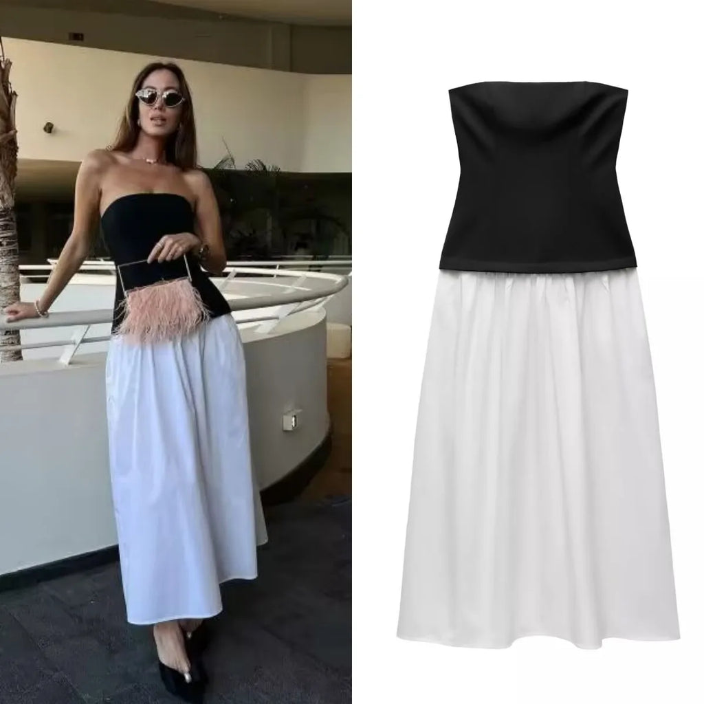 Elegant Women's Spring Party Dress with Color Contrast Patchwork and Sexy Strapless Design