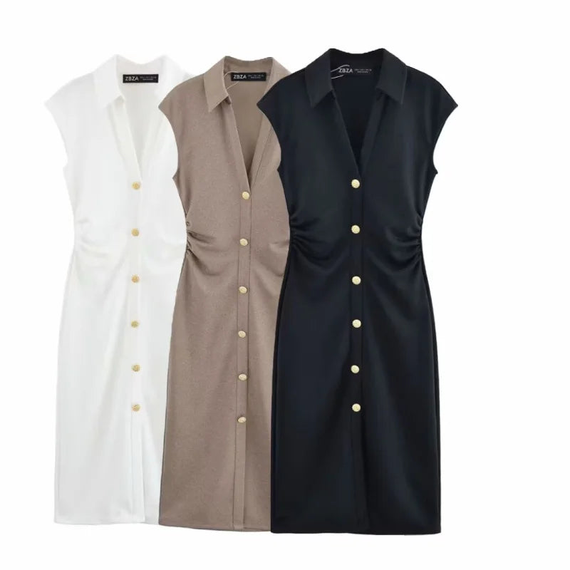 Elegant Bead-Accented Shirt-Style Short Sleeve V-Neck Dress with Long Skirt for Spring and Summer Women