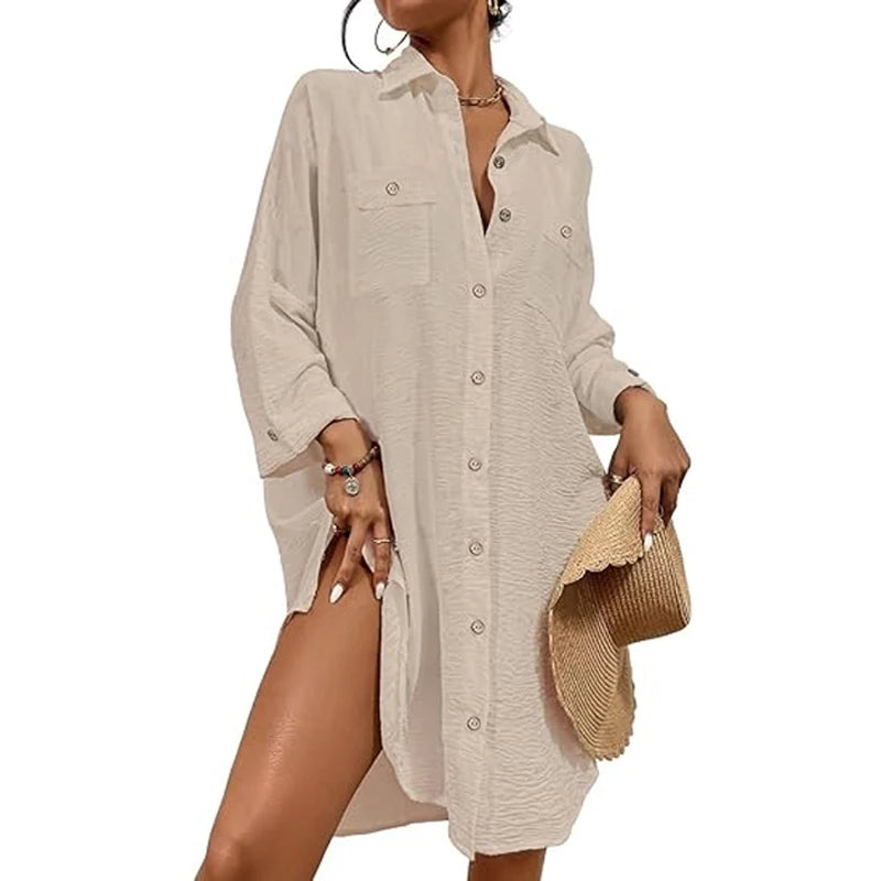 Women's Modern Swimsuit Smock Shirt with Button-Up Dress Top for Casual Beachwear