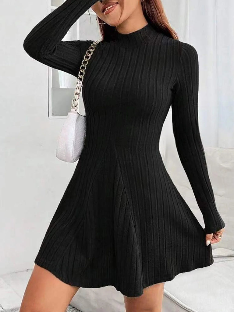 Women's Slim Fit Half High Collar Waist Cinched A Line Skirt Long Sleeved Pit Stripe Dress