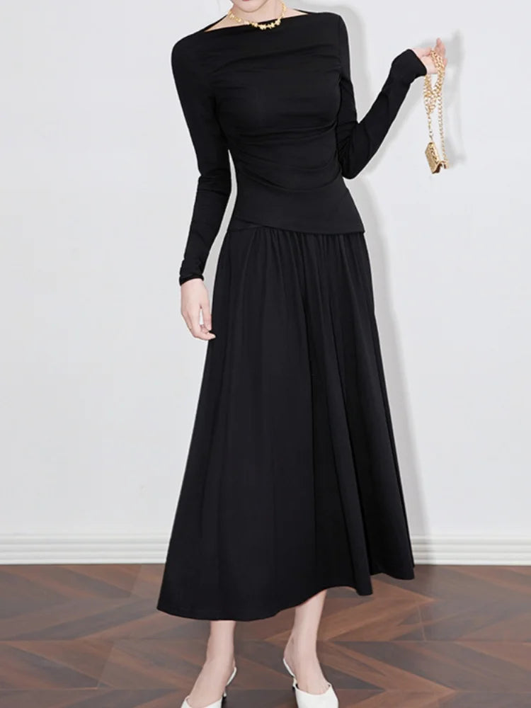 2Pcs Women’s Long Sleeve Top and Half Skirt Set Vintage Elegant One Shoulder Chic Two Piece Outfit