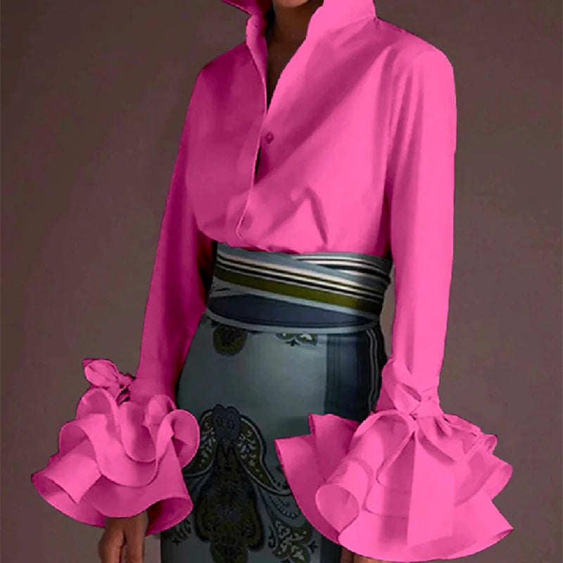 Women Elegant Flared Sleeve Bow Embellished Falbala Blouse Casual Office Lapel Shirt in Black and White