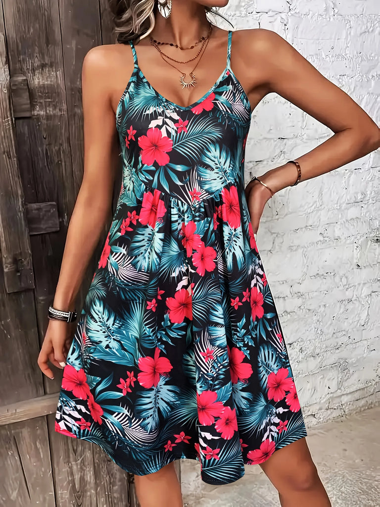 Summer Vacation Style Print V-Neck Spaghetti Strap Dress with Bohemia Flair for Women’s Warm Weather Outings