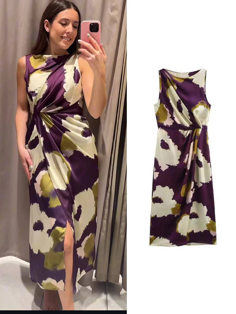 Women’s Summer Long Dress with Floral Print and Sleeveless Design, Round Neck Midi Dress for Party and Casual Wear