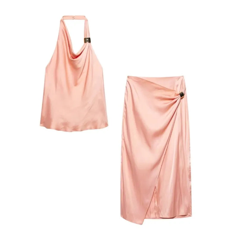 Women’s Satin Two-Piece Midi Skirt Set with Gold Applique and Sexy Backless Top Spring Dress Ensemble