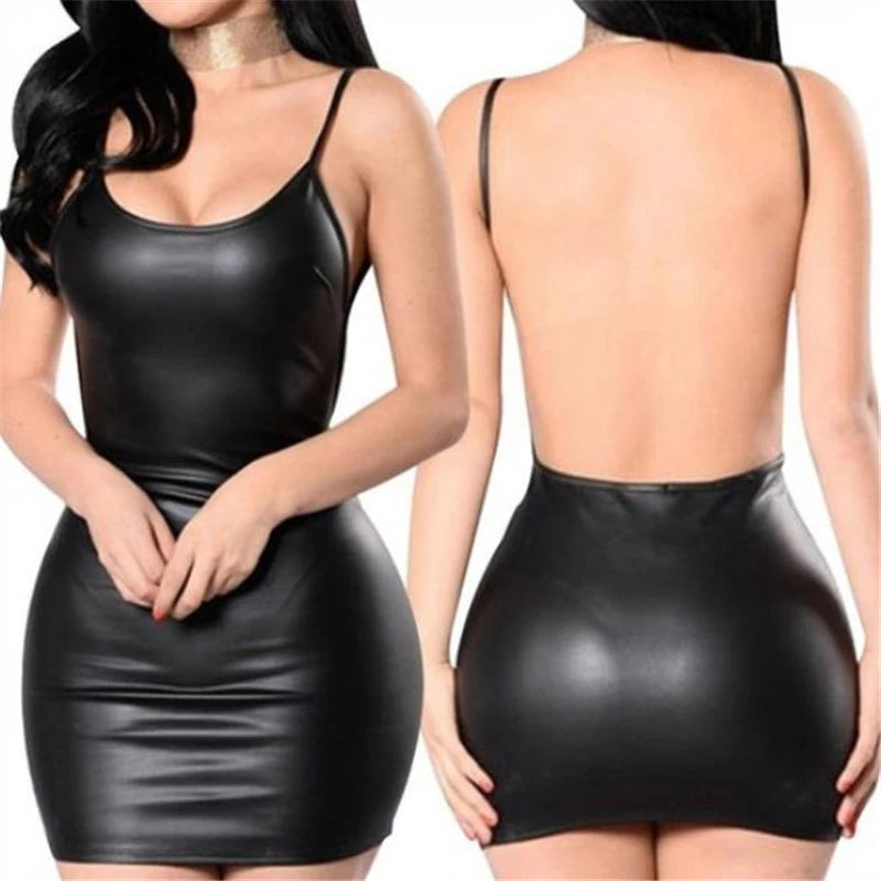Sexy Faux Leather Backless Dress with Wet Look Latex Finish, Short Bodycon Mini Dress for Club and Party, Solid Black with Push-Up Design - NIICY