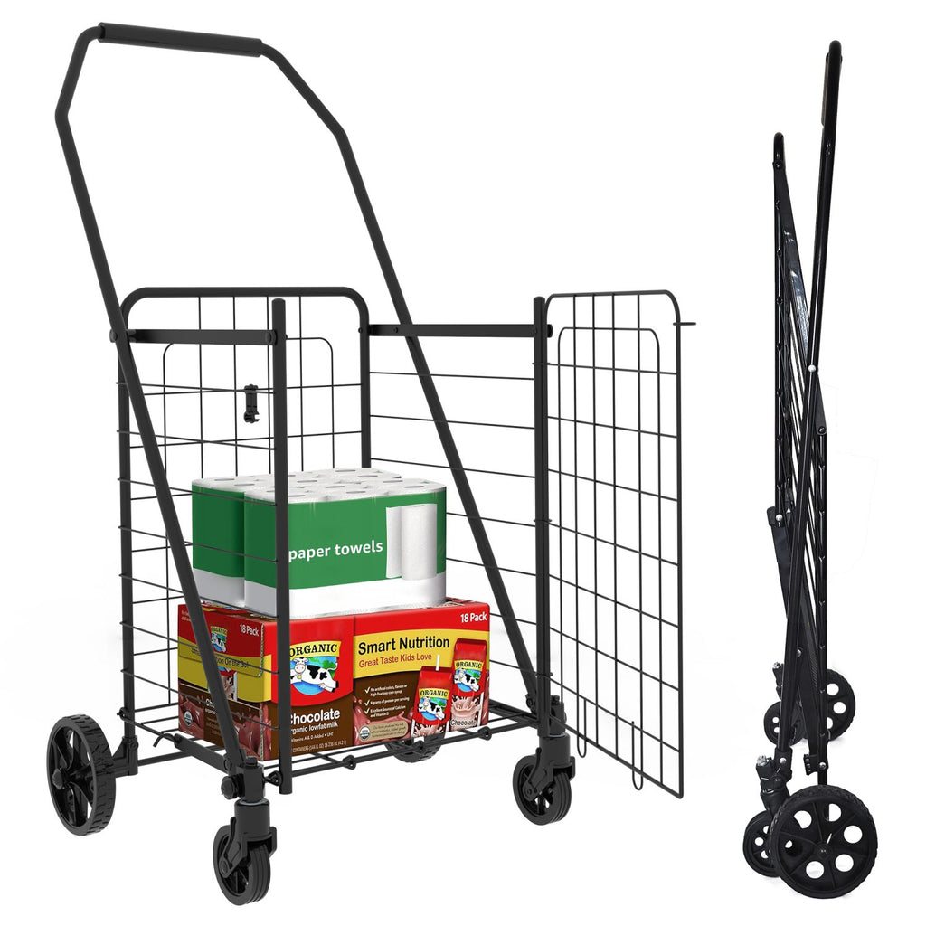 Shopping Cart with open door,Grocery Cart on Wheels, Foldable Utility Shopping Carts with 360° Rolling Swivel Wheels for Groceries Laundry