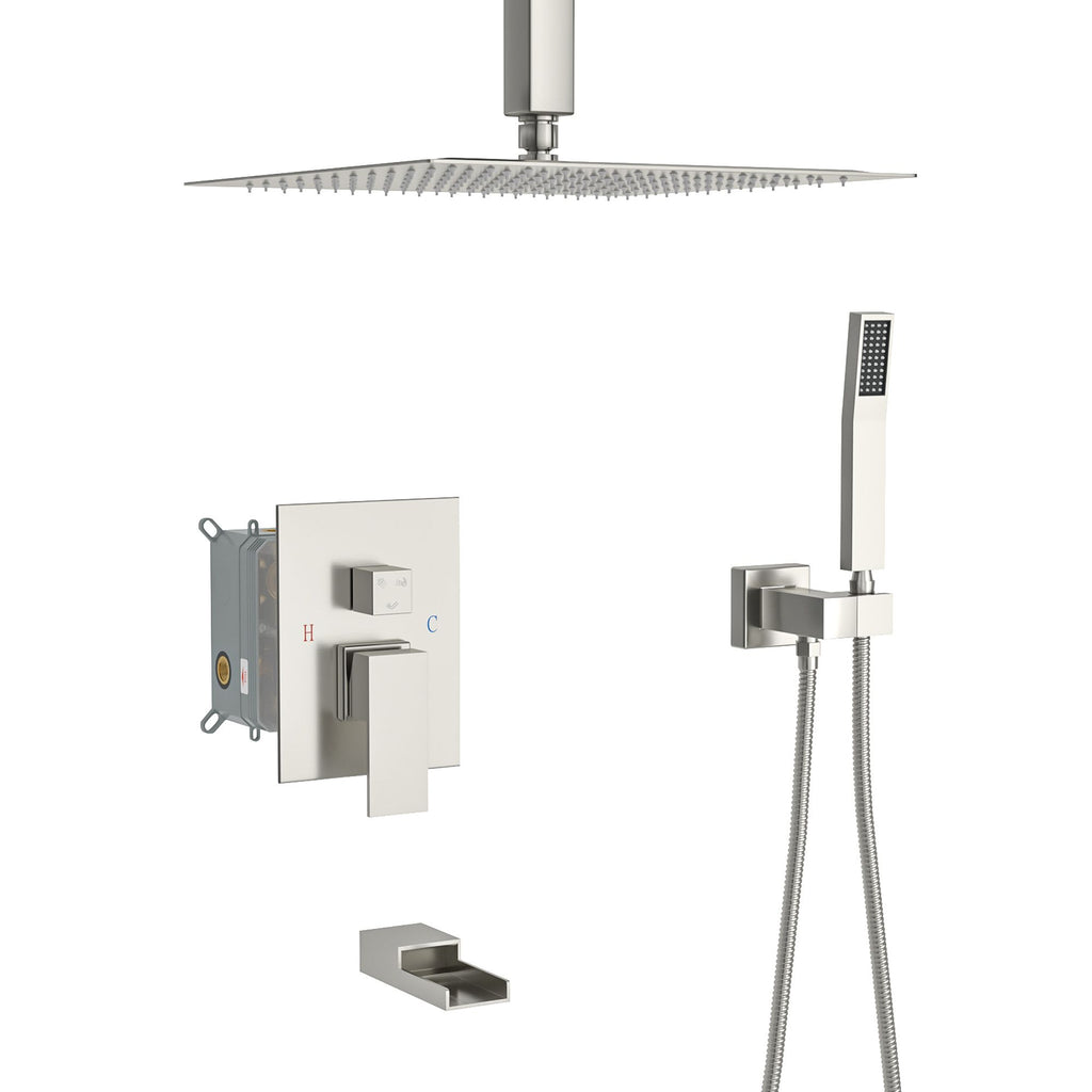 Shower System with Waterfall Tub Spout,12 Inch Ceiling Mount Square Shower System with Rough-in Valve, Brushed Nickel
