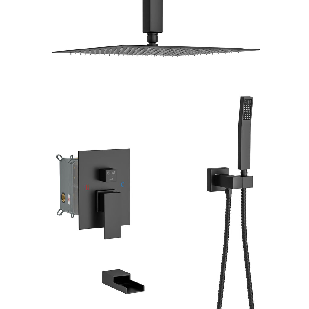 Shower System with Waterfall Tub Spout,12 Inch Ceiling Mount Square Shower System with Rough-in Valve,Matte black