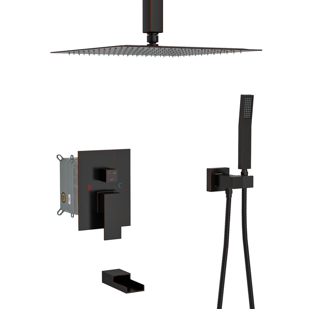 Shower System with Waterfall Tub Spout,16 Inch Ceiling Mount Square Shower System with Rough-in Valve, Oil Rubber Bronze