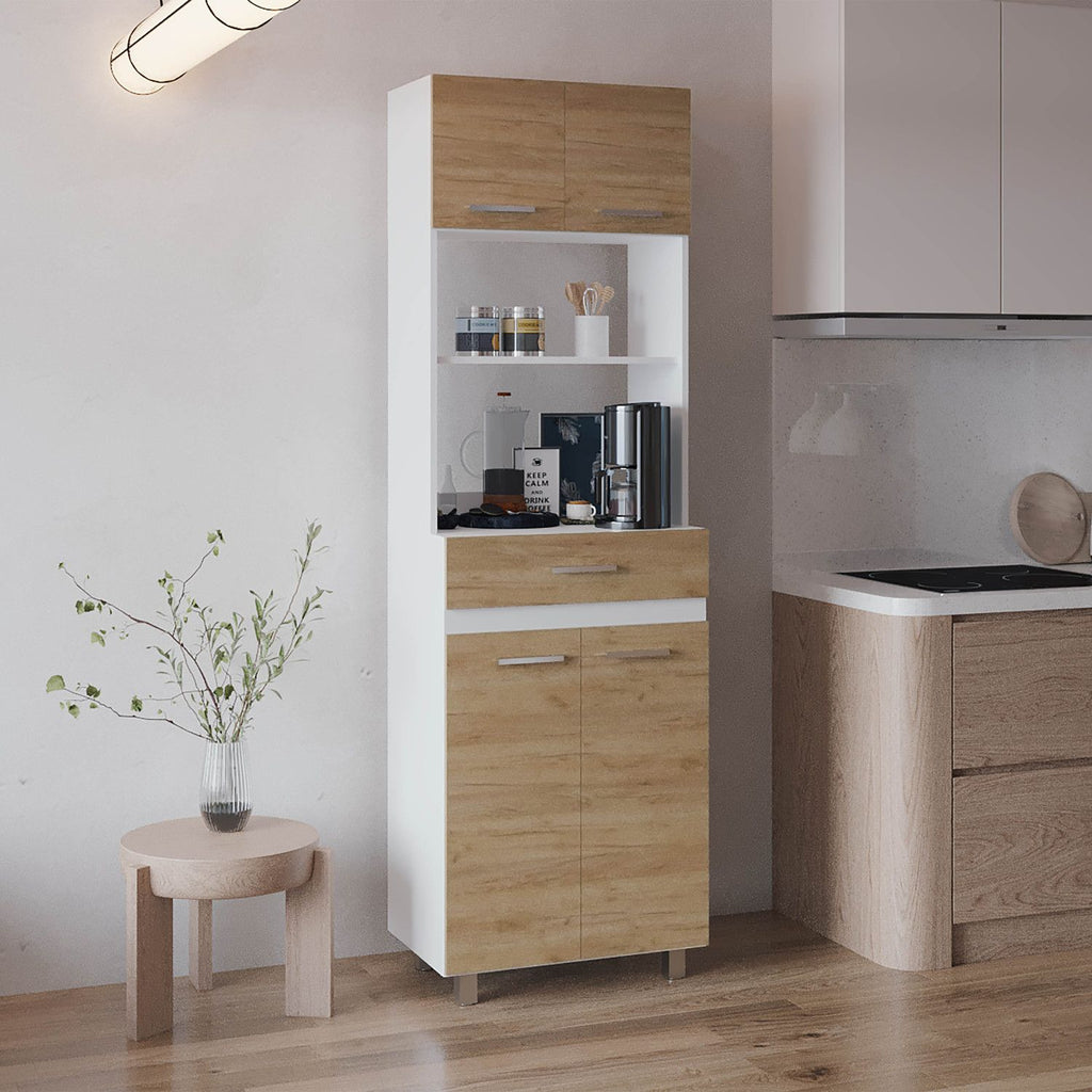 Sicilia Pantry Cabinet Freestanding Kitchen Storage Unit For Food, Dishes, Or Appliances, White/ Natural Oak