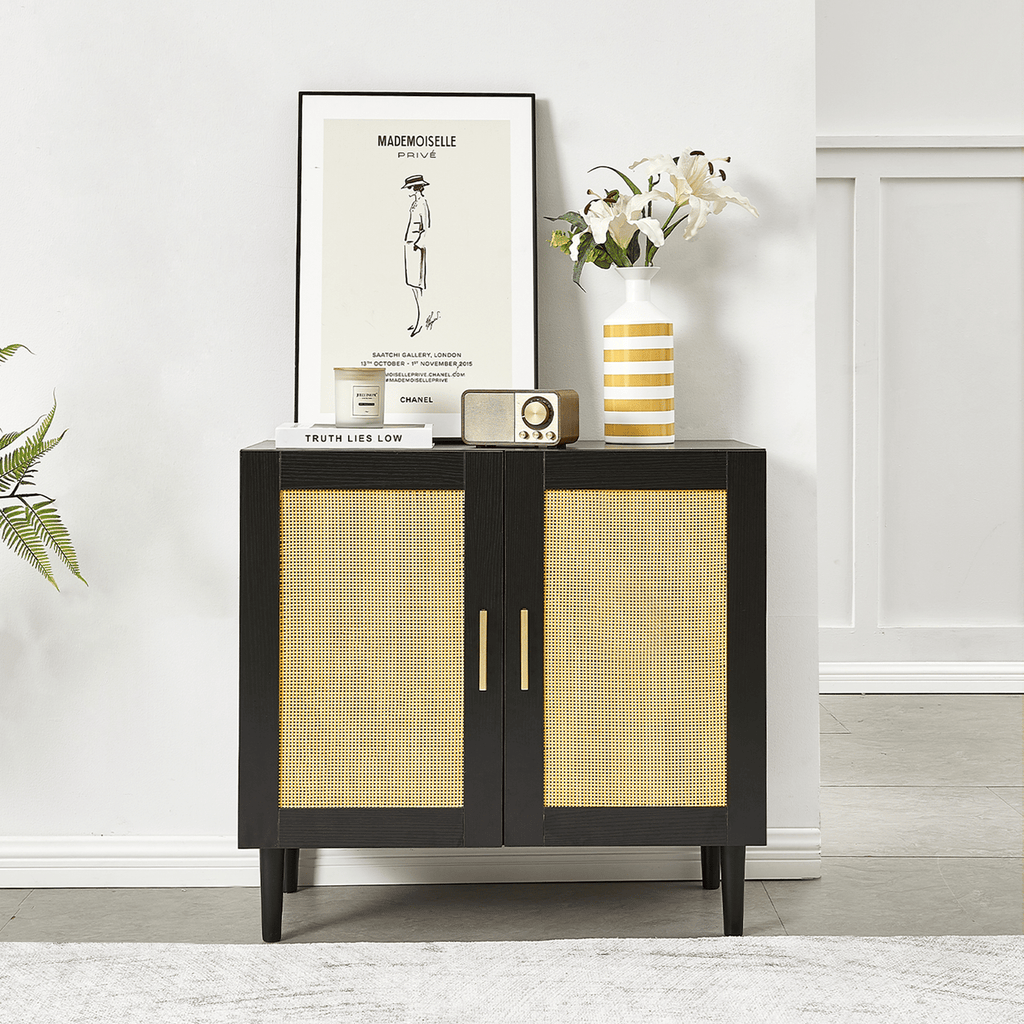 Side panel buffet cabinet with natural rattan door, rattan storage cabinet with adjustable shelves, side panel and buffet with storage space, modern console cabinet in bedroom and living room