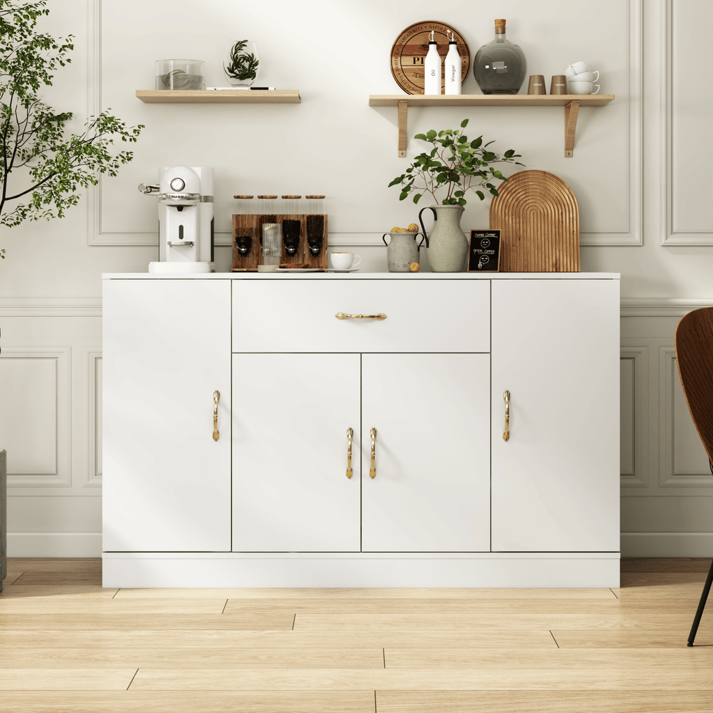 Sideboard Buffet Cabinet with Storage, Large Kitchen Storage Cabinet with 1 Drawer and 4 Doors, Modern Coffee Bar for Kitchen Dining Room, White