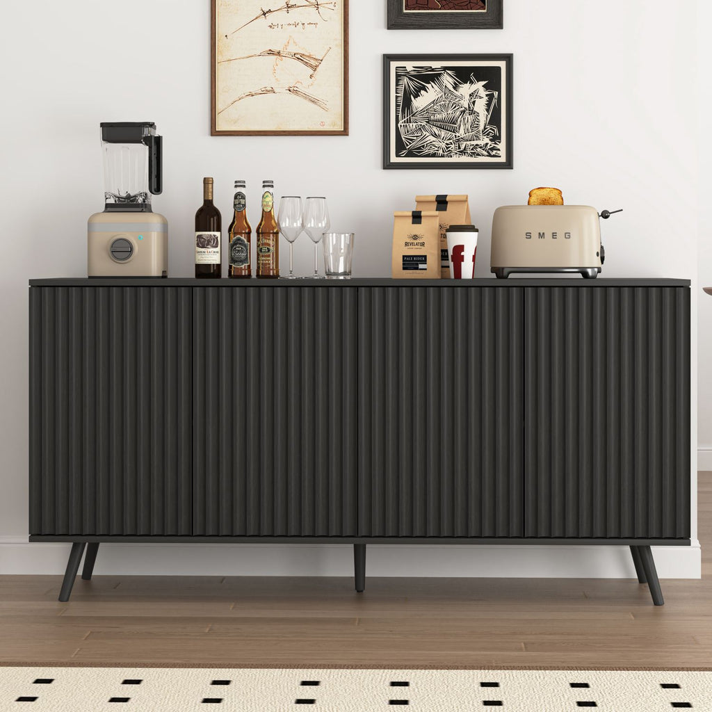 Sideboard Buffet Cabinet with Storage, Long Sideboard Storage Cabinet with 4 Doors, Wood Credenza Console Coffee Bar Cabinets with Adjustable Shelves for Living Room Kitchen Dining Room Black