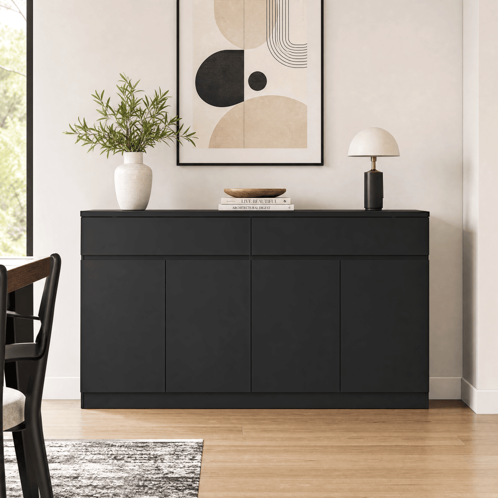 Sideboard Buffet Cabinet with Storage,Large Kitchen Storage Cabinet with 2 Drawers and 4 Doors, Wood Coffee Bar Buffet Table for Kitchen Dining Room, Black