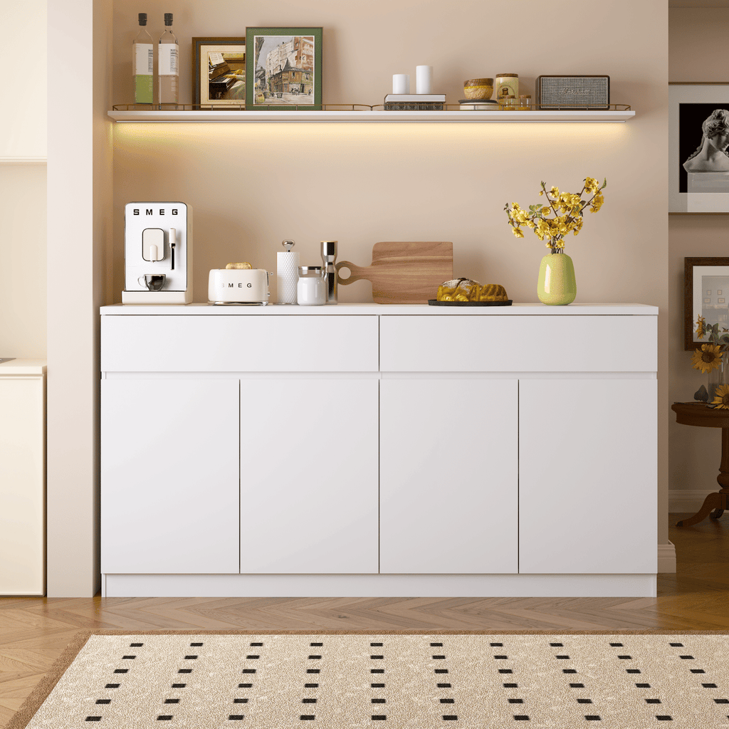 Sideboard Buffet Cabinet with Storage,Large Kitchen Storage Cabinet with 2 Drawers and 4 Doors, Wood Coffee Bar Buffet Table for Kitchen Dining Room, White
