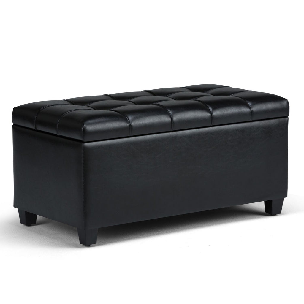 Sienna 33 inch Wide Storage Ottoman Bench in Midnight Black Vegan Leather