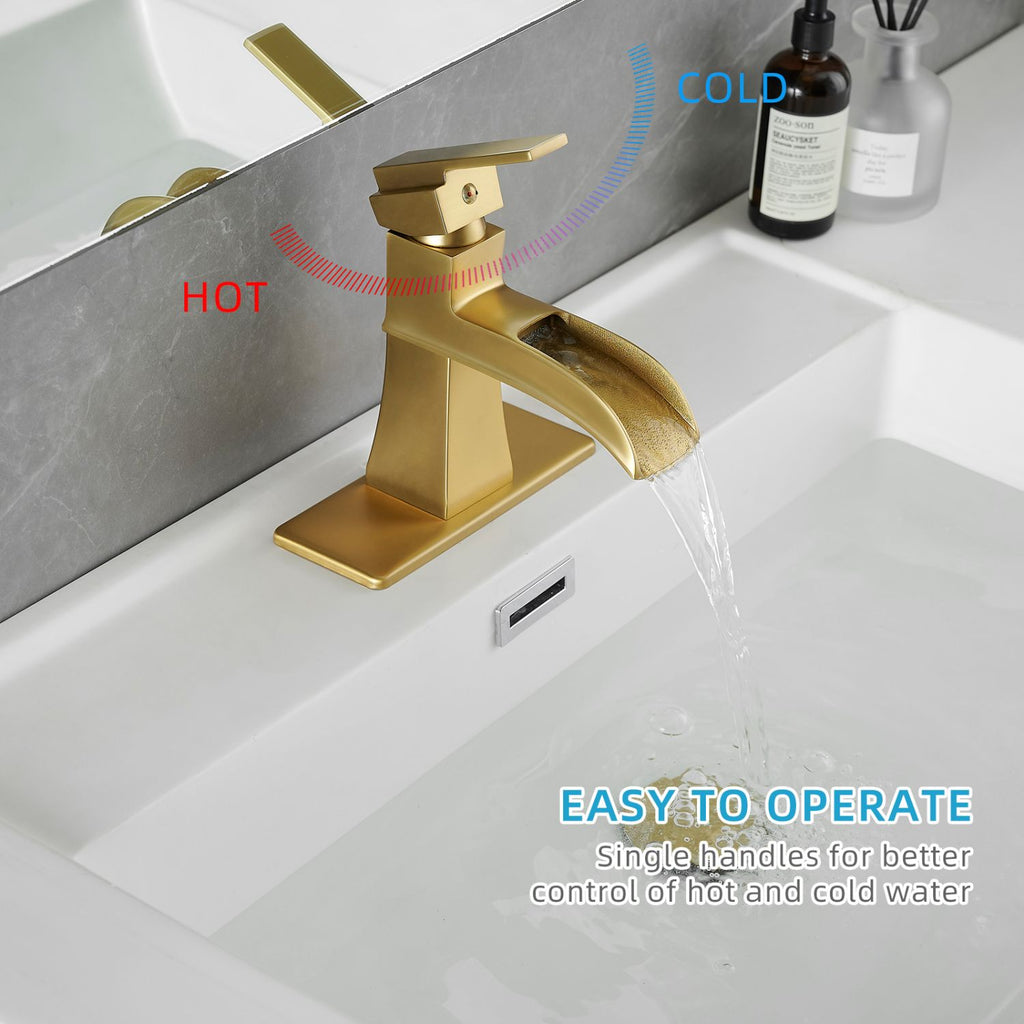 Sink Faucet With Deck Plate Waterfall Nickel Gold with Pop Up Drain and Supply Lines Bathroom faucets for Sink 1 Hole One Handle Faucets Vanity Bath Mixer Tap