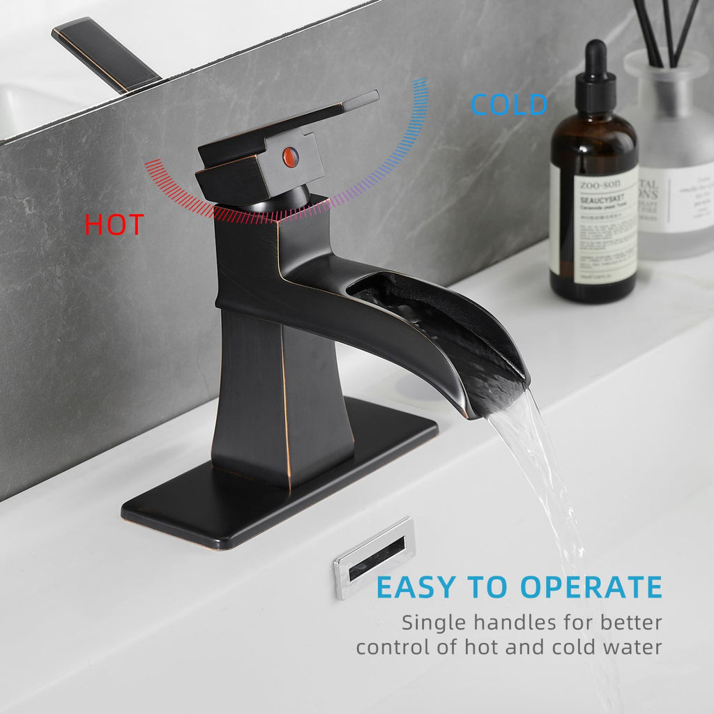 Sink Faucet With Deck Plate Waterfall ORB with Pop Up Drain and Supply Lines Bathroom faucets for Sink 1 Hole One Handle Faucets Vanity Bath Mixer Tap