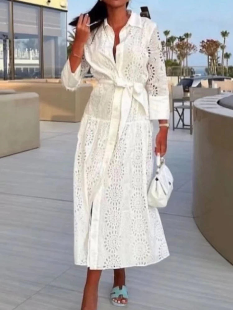 Elegant White Embroidery Midi Dress with Long Sleeves and Shirt Collar for Women Stylish and Comfortable Fit