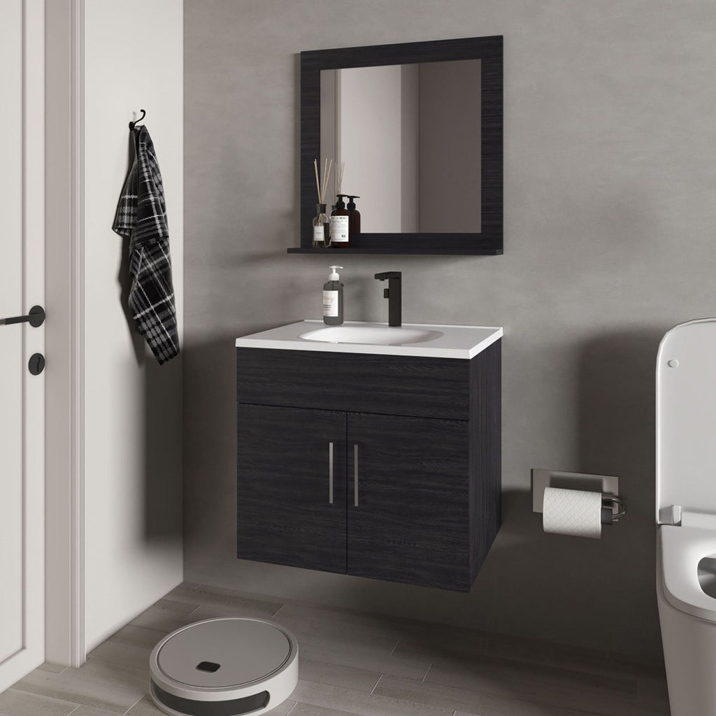 Slater Floating Bathroom Vanity Set with Sink, Two-Door Cabinet, and Mirror,Wengue