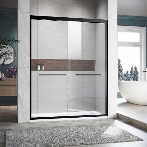 Sliding Shower Glass Door 56-60 in. W x 72 in. H, Adjustable Semi Frameless Shower Door, Certified Thick Clear Clear Tempered Glass, 304 Stainless Steel Handles, Gun-Grey