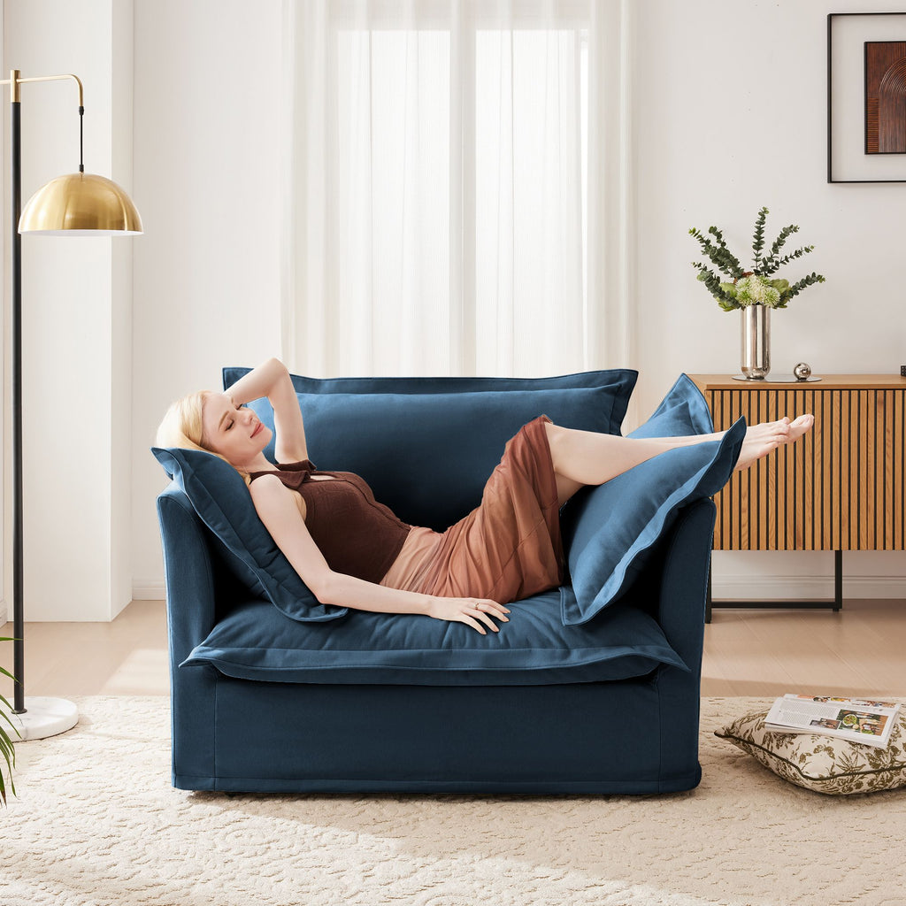 Slip-covered Armchair with 1 Big Back Cushion and 2 Big Toss Pillows, Single Deep Seat Comfy Single Couch Sofa Multiple Large Soft Pillows, Chenille Fabric, Blue
