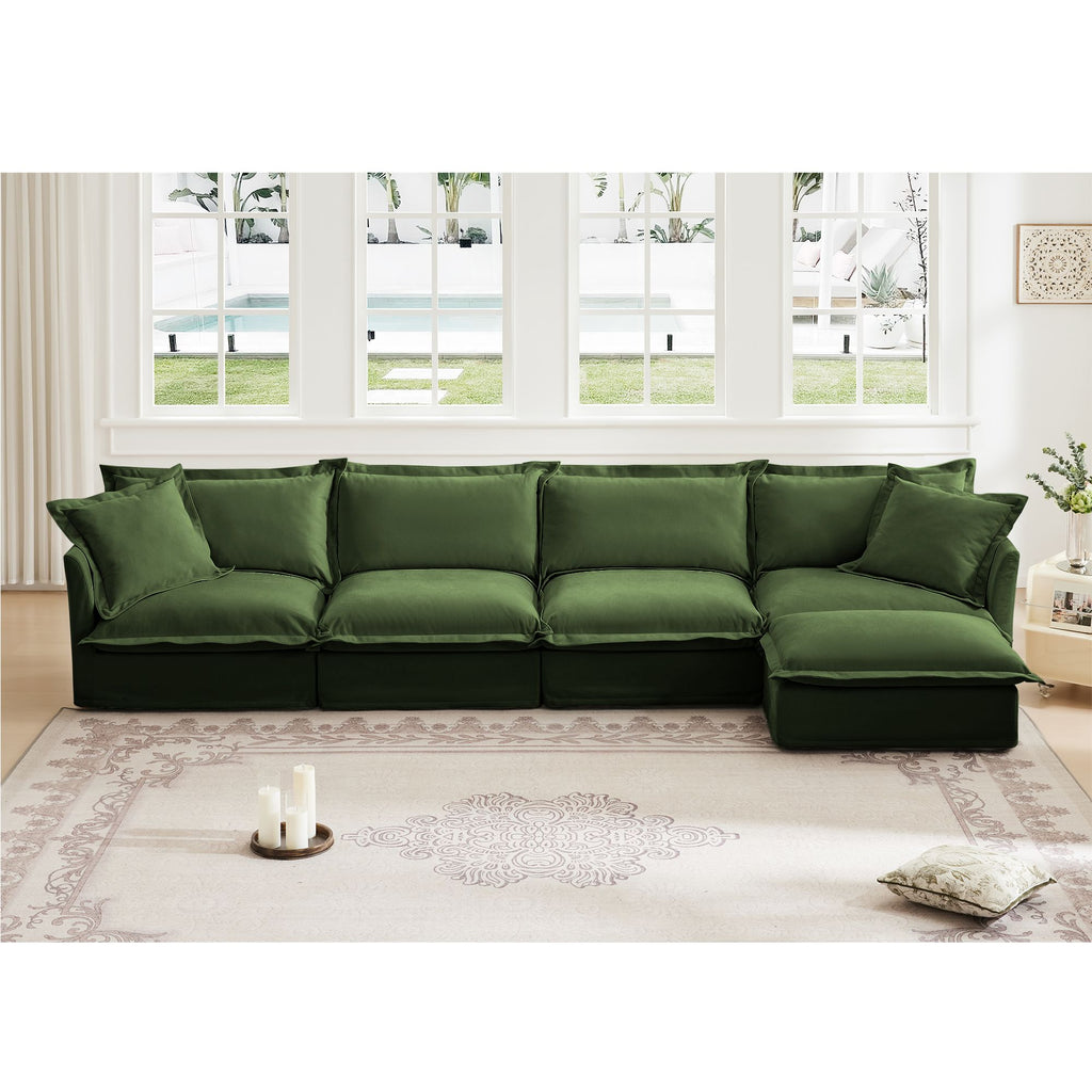 Slipcovered L Shape Sectional Long Sofa Couch, 4 Seater Sofa with Suppleness Armrests, Chenille Deep Seat Sofa with 2 Big Pillows, Comfy Couch for Living Room, Apartment, Chenille Fabric,Green