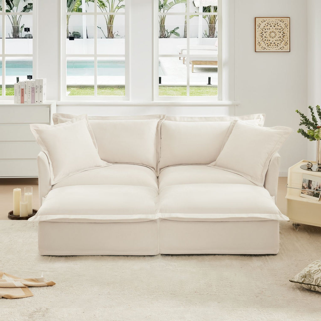 Slipcovered Sofa 2 Seater Sofa With 2 Ottomans, 2 Seater Sleeper Sofa Bed Home Theater Oversized Sofa For Living Room, Chenille, Cream