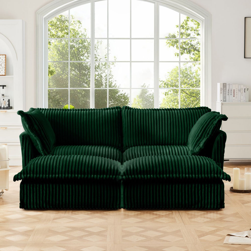 Slipcovered Sofa 2 Seater Sofa With 2 Ottomans, 2 Seater Sleeper Sofa Bed Home Theater Oversized Sofa For Living Room, Corduroy, Green