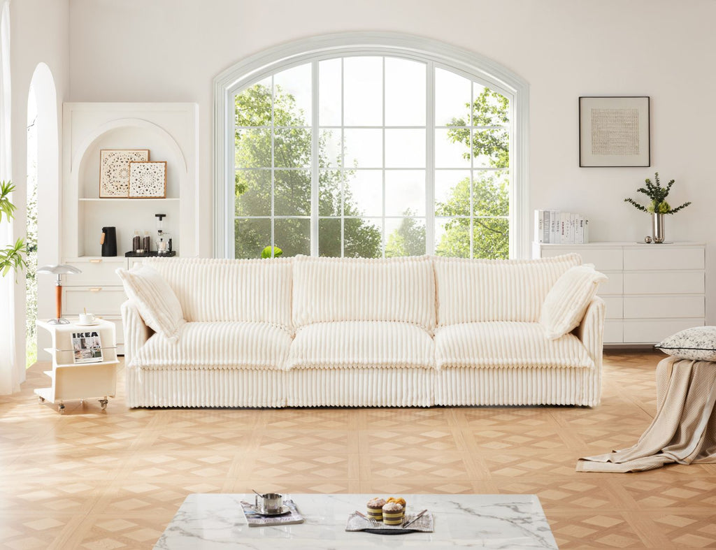 Slipcovered Sofa Couch, Modern 3 Seater Sofa with Suppleness Armrests,Deep Seat Sofa with Soft Multiple Big Pillows, Comfy Couch for Living Room, Apartment,Cream Corduroy Fabric