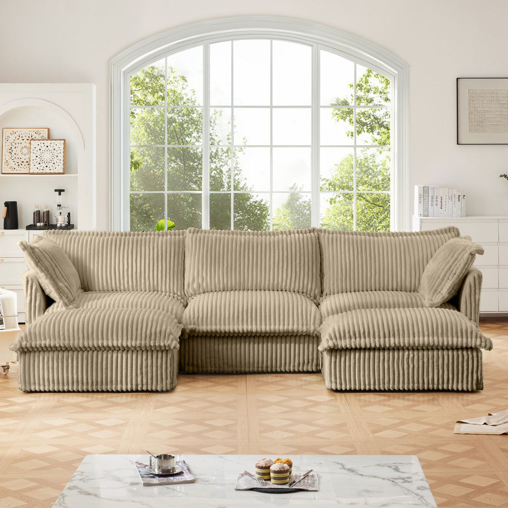 Slipcovered U Shape Sectional Deep Seat Sofa Couch, 3 Seater Sofa with French Edges Design Multiple Big Pillows, Modular Deep Seat Sectional Sofa Comfy Cloud Couch for Living Room, Apartment, Camel