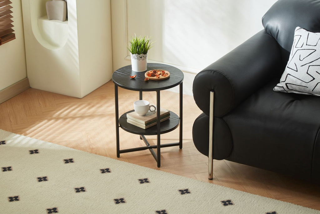 Small round side table,2 tiers farmhouse end table,set of 2accent tables for small spaces,night stands for bedrooms living room,coffee tables with storage shelf,Black