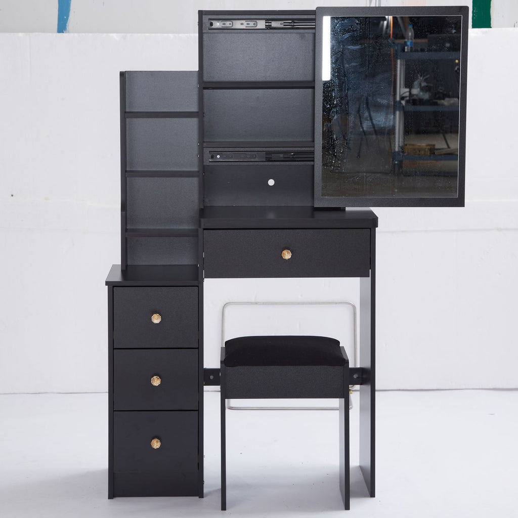 Small Size Left Bedside Cabinet Vanity Table + Cushioned Stool, Extra Large Sliding Mirror, Multi Layer, High Capacity Storage Fashionable Dresser, Suitable for Small Space, EPA,GCC,UL Certificate