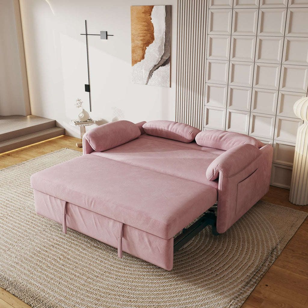 Sofa at the Forefront: 54-inch Velvet Pink Sofa Bed for Multi-purpose Living Spaces, Featuring a Retractable Bed