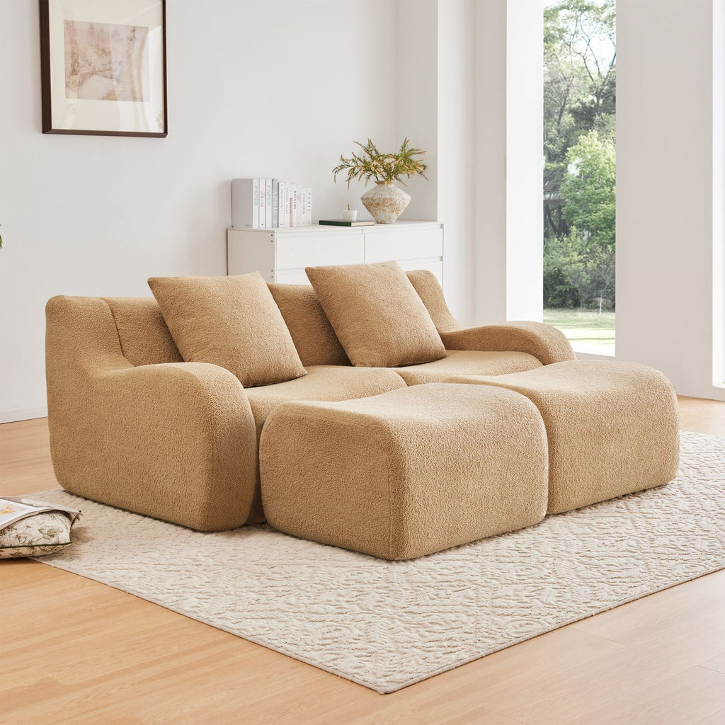 Soft Teddy Fabric Boneless Sofa,Anti-Slip Design,Assembly Chaise Lounge Curved Armrests Ergonomic Support 32D High Density Sponge,For Living Rooms Bedrooms,Camel