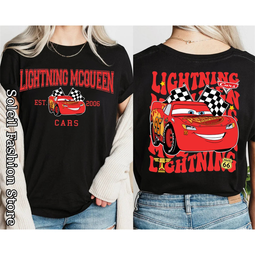 Women’s Cotton T-Shirt Featuring Lightning McQueen and Friends 2D Print Casual Tops with Tow Mater Sally Carrera and Doc Hudson Designs