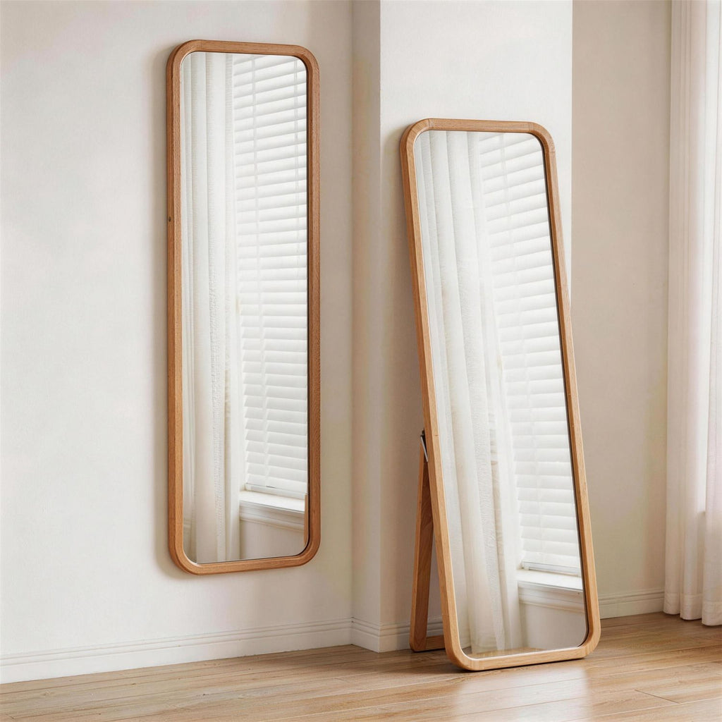 Solid Beech Wood Full Length Mirror, Freestanding Floor Mirror with Stand, Natural Wood Frame Body Mirror for Bedroom Living Room, 2-in-1 Wall Mounted Dressing Mirror