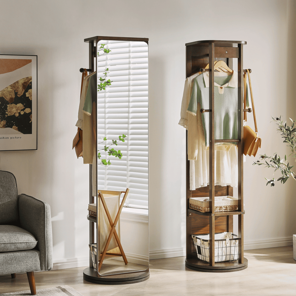 Solid Rubberwood Rotating Full-Length Mirror Cabinet, Freestanding Jewelry Armoire with Multi-Functional Hooks and Shelves for Bedroom & Closet