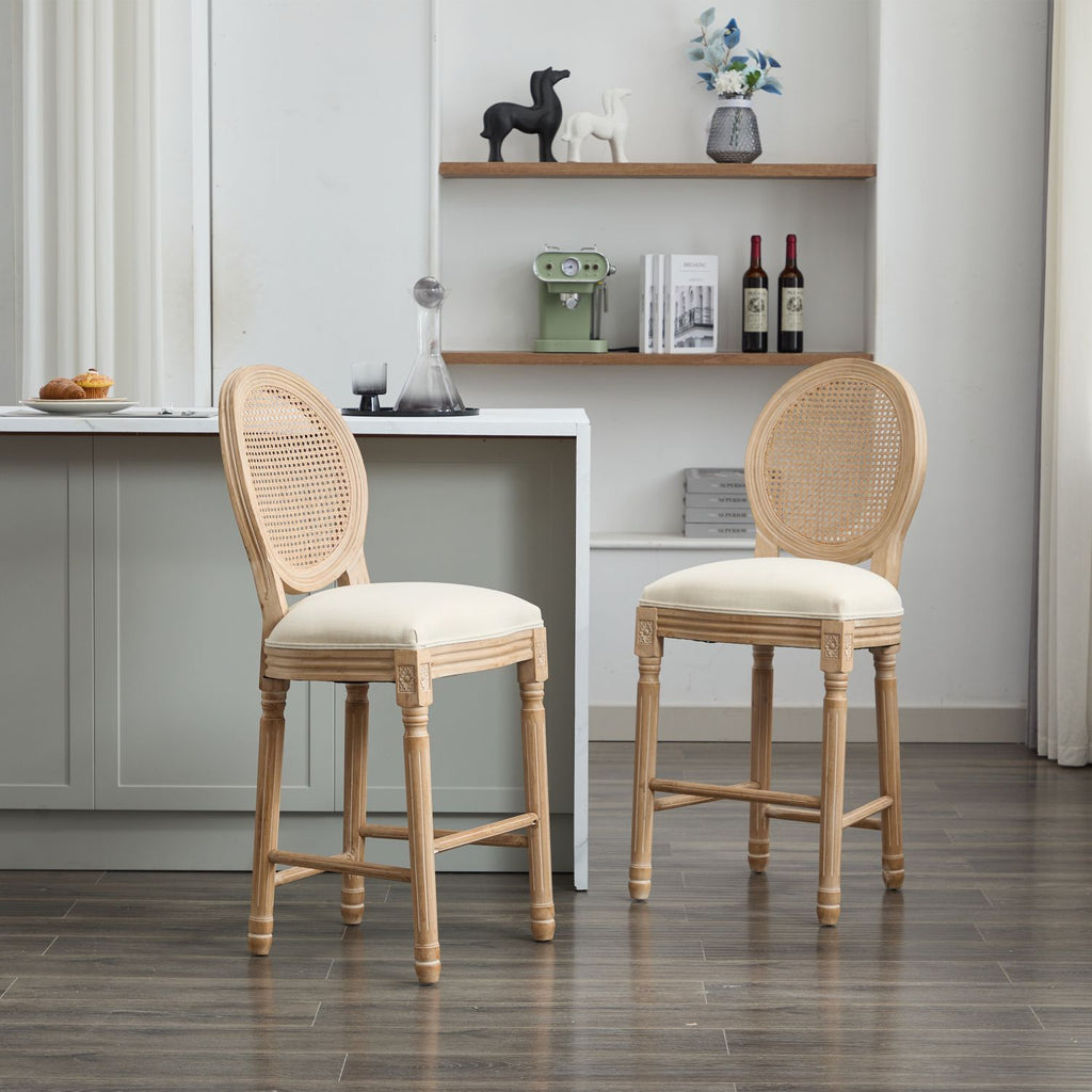 Solid Wood Bar stools Set of 2 Classic French Country Wooden Barstools with Upholstered Seating Kitchen Bar Stool for Bar Counter Rattan - Beige